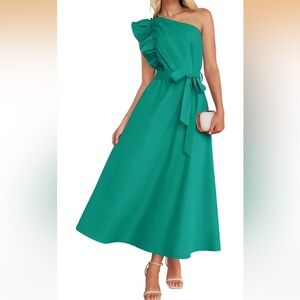 Women's One Shoulder Ruffle Dress Sleeveless Empire Waist Maxi Dresse